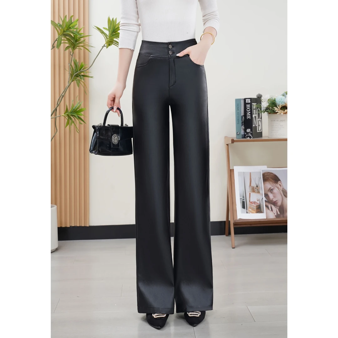 皮阔腿裤2025秋冬新款修身显瘦直筒裤时尚百搭洋气休闲裤