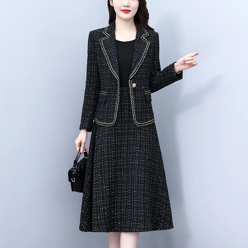 F666小香风毛呢时尚洋气套装女秋冬新款气质显瘦外套连衣裙两件套