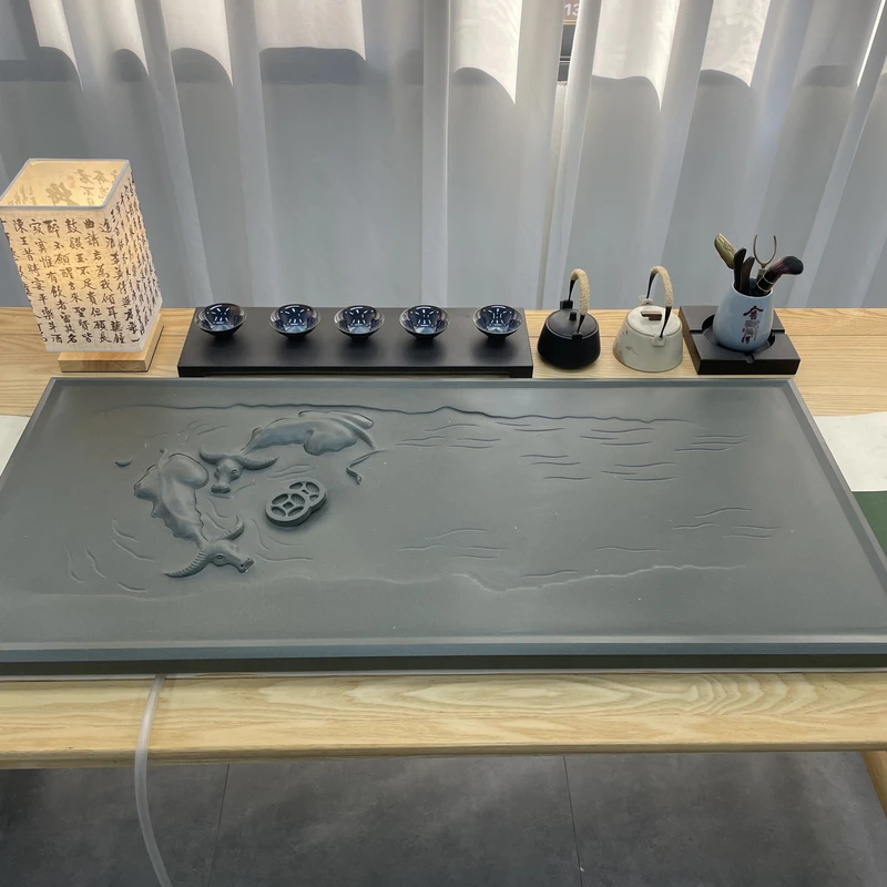 牛转乾坤 天罗绿天然整块石茶盘立体浮雕工艺排水式茶台创意大号