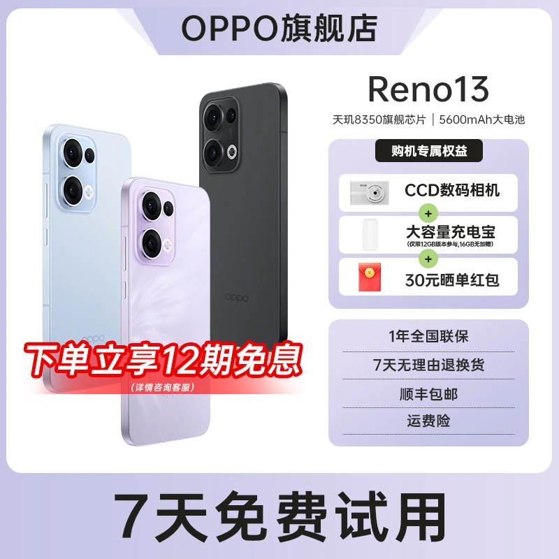 【CCD+充电宝】OPPO Reno13 超美小直屏 潮流蝶蝶紫 AI高清实况手机