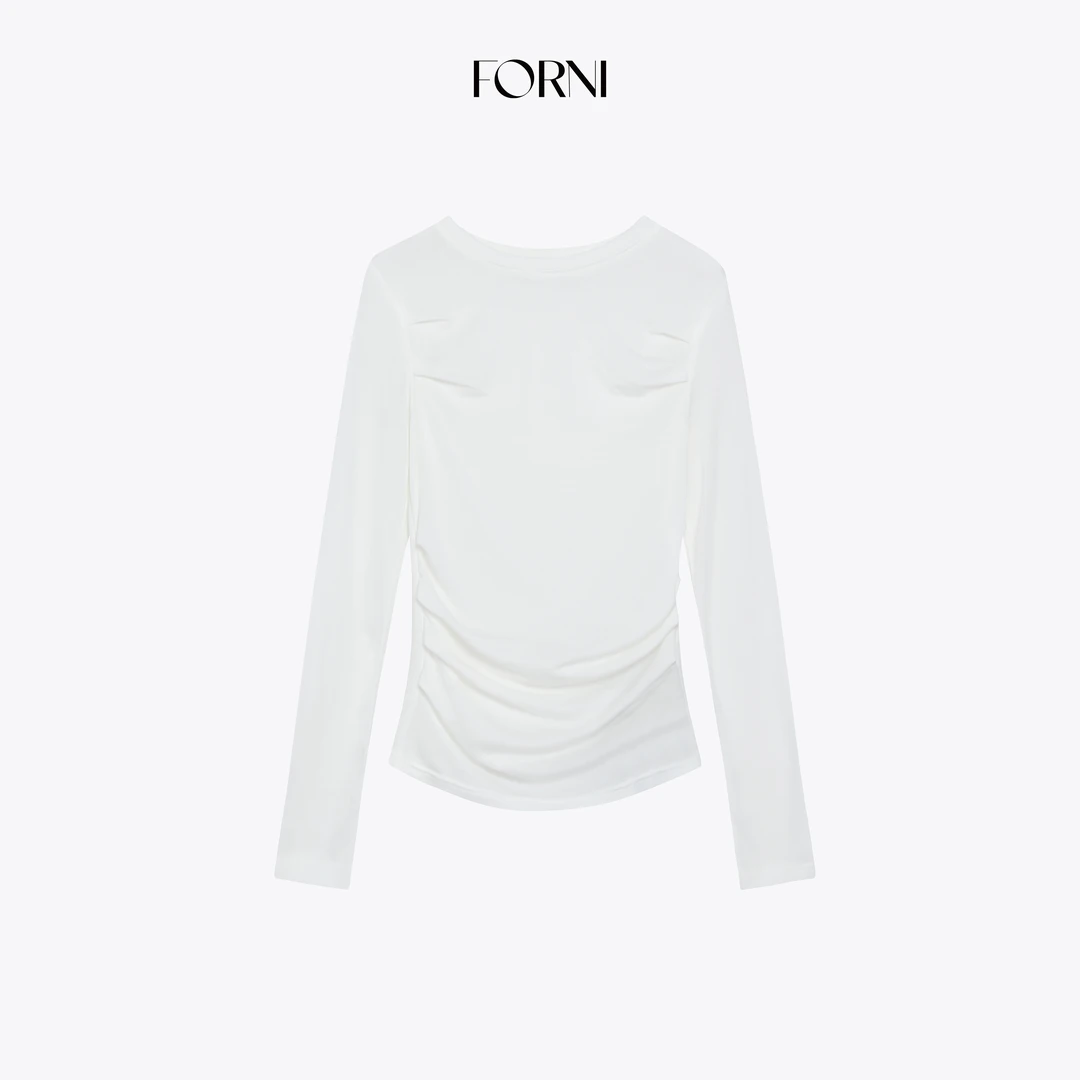FORNI 拿捏曲线 天丝羊毛纸片人极简抽褶收腰正肩打底长袖T恤