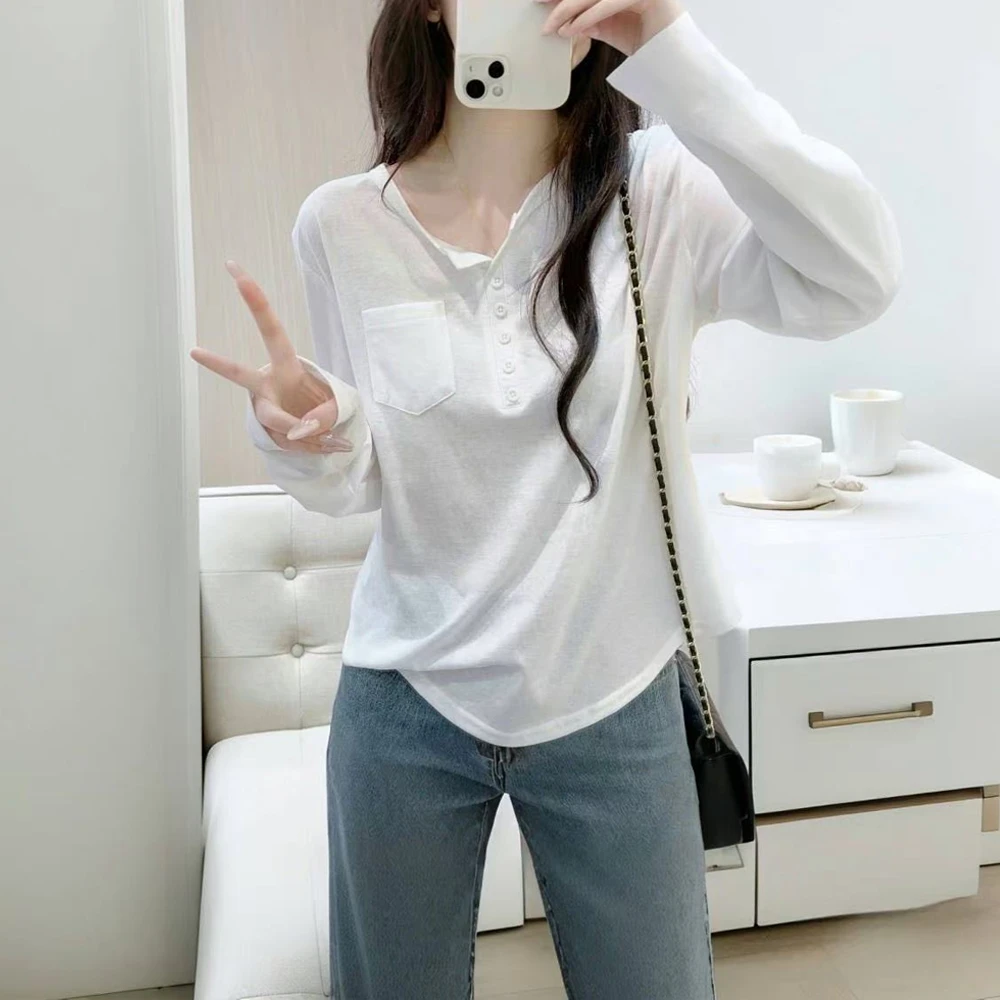 雪花棉半开领白色长袖T恤女春季新款口袋设计感宽松百搭打底上衣