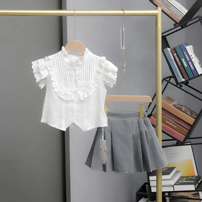 女童夏季套装2025新款中大童小飞袖娃娃衫韩版百搭半身裙两件套潮