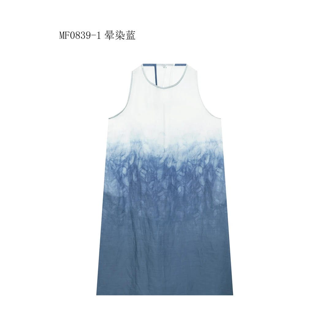 【麻訪家】MF0839-1晕染蓝文艺优雅休闲宽松无袖连衣裙