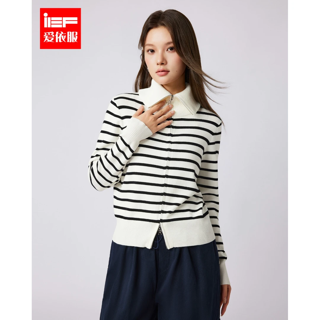 IEF/爱依服2025早秋新款条纹显瘦毛织外套老钱风松弛感女装