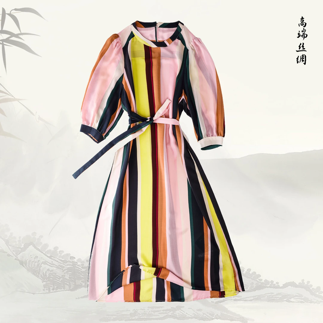 品牌新款桑蚕丝圆领撞色拼接长袖宽松系带连衣裙337129