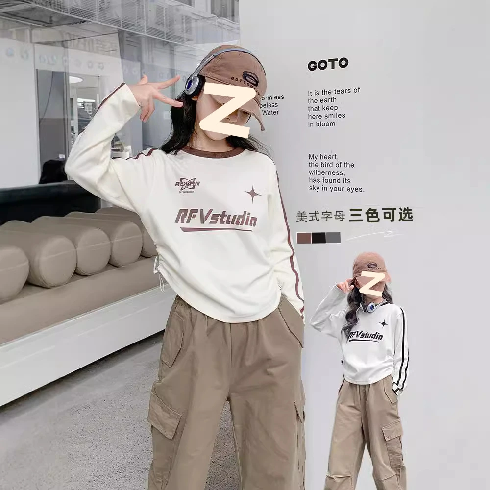 女童拼色长袖T恤2025潮款大童洋气时髦抽褶不规则上衣女孩打底衫