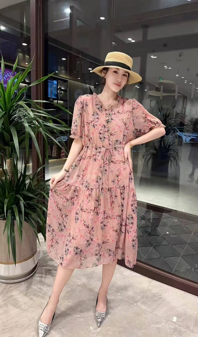 短袖法式拉链碎花中腰夏季连衣裙宽松裙子圆领泡泡袖时尚组合