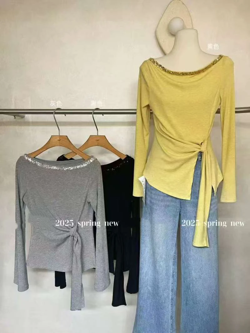 2025新款时尚小衫显瘦收腰设计款一字领上衣