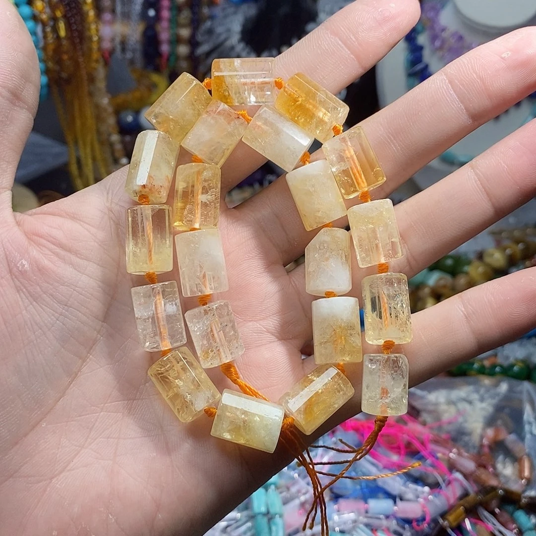 石英质玉未镶嵌，天然黄水晶桶珠12×16mm，