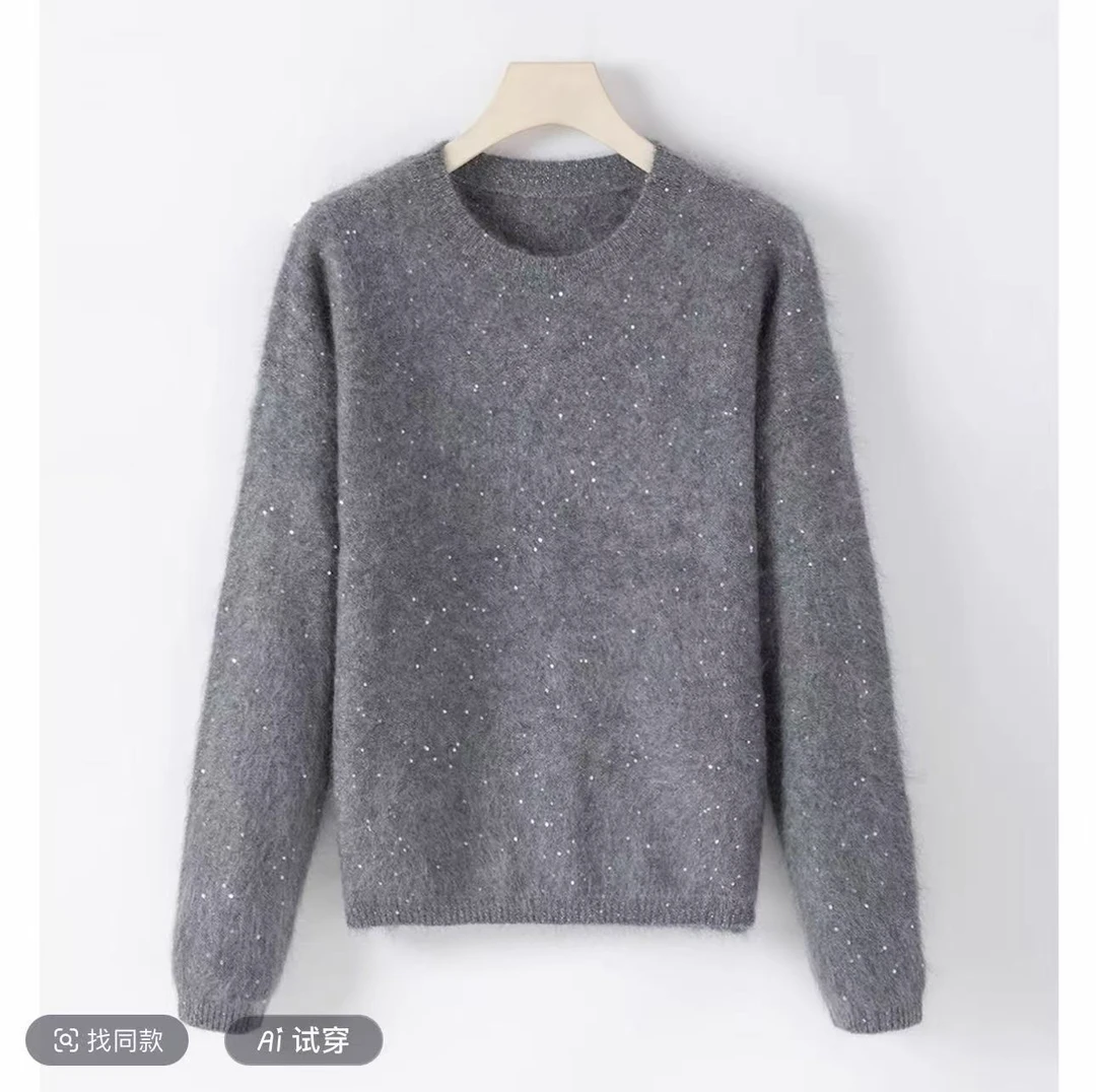 波点圆领针织加厚套头拉毛衫灰色休闲纯色秋冬