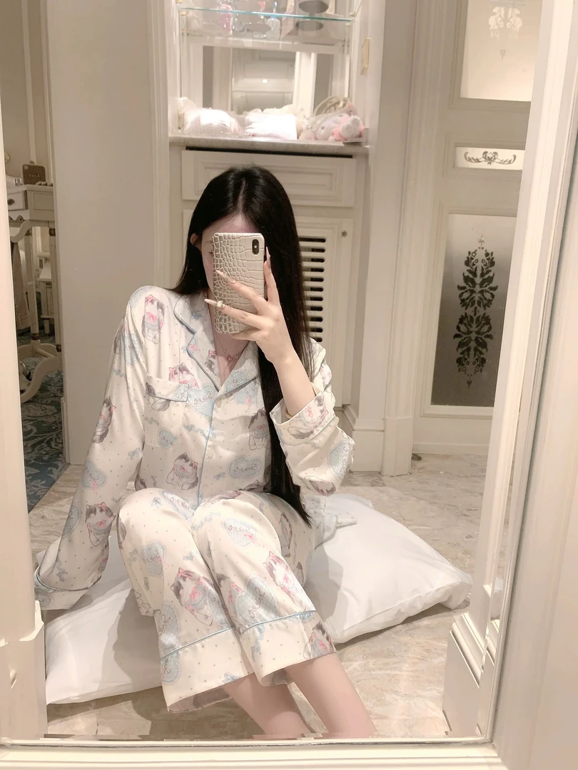 【奶蓝小喵】春秋款水光缎蕾丝套装仙女纯欲公主风睡衣家居服女