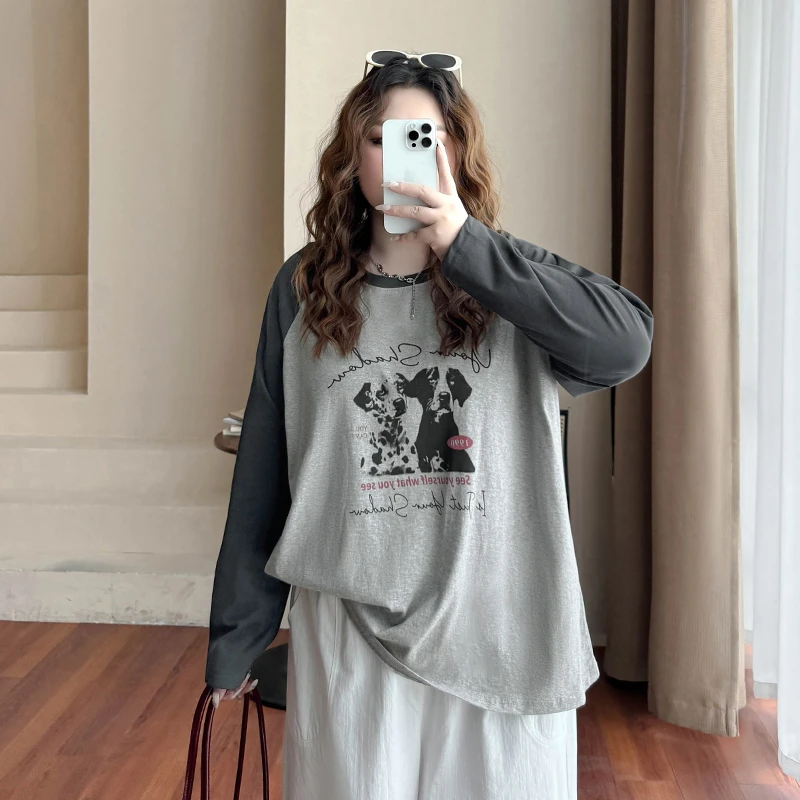 DC7043大码女装【复古斑点狗狗】插肩袖T恤早春季圆领印花长袖上衣