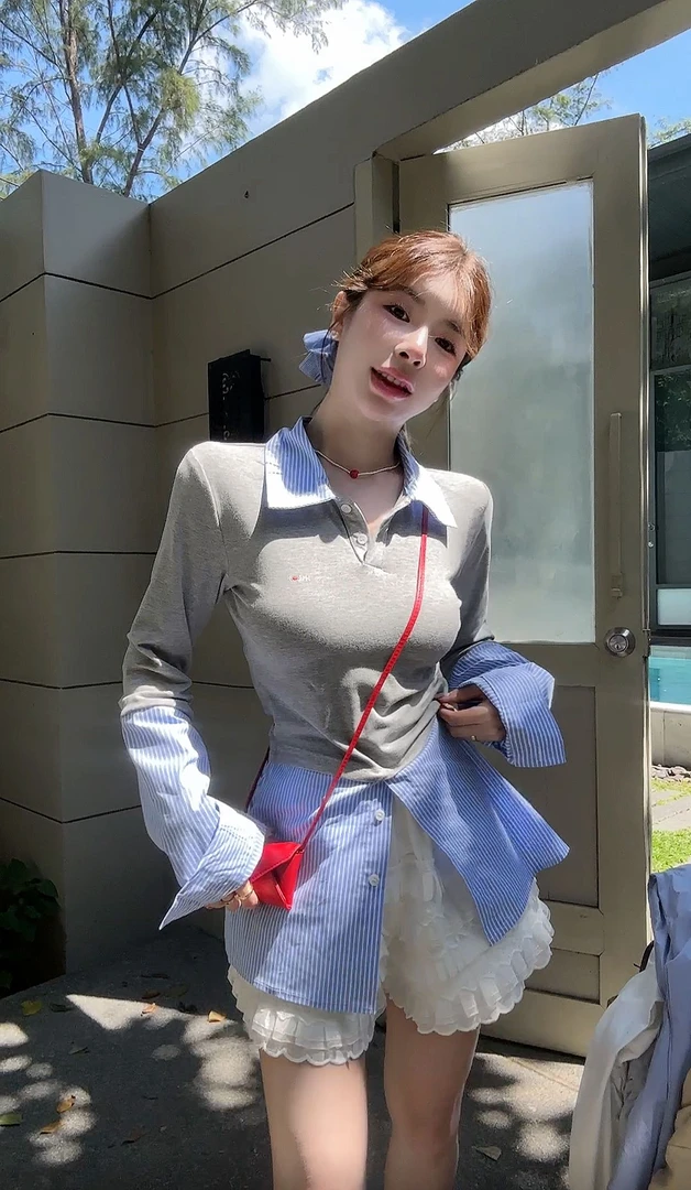 【HuiHui】原创设计英伦复古撞色翻领长袖T恤 （J47）