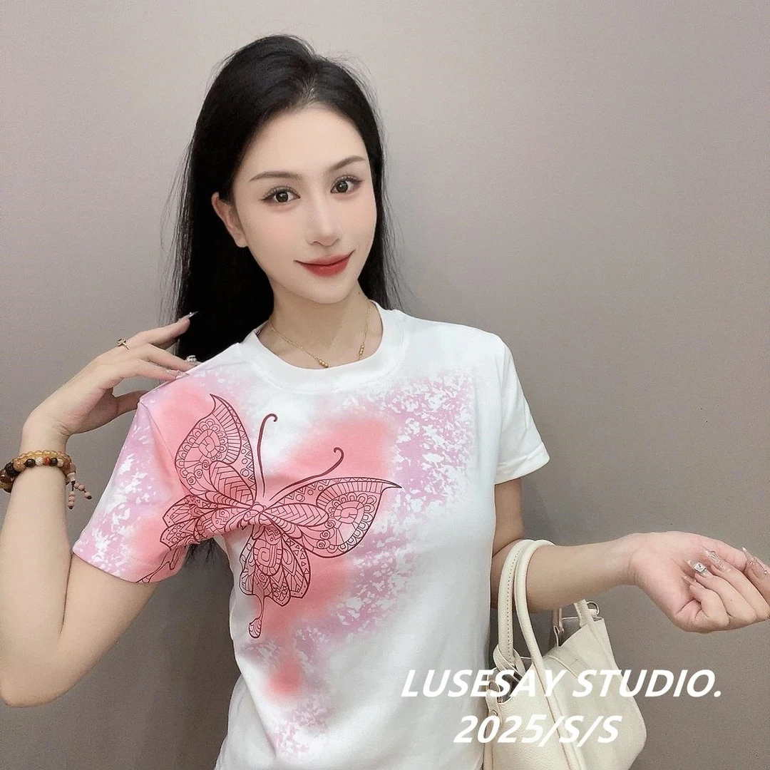 LUSESAY 设计感粉色蝴蝶彩拔 早春2025新款短袖t恤女百搭休闲上衣