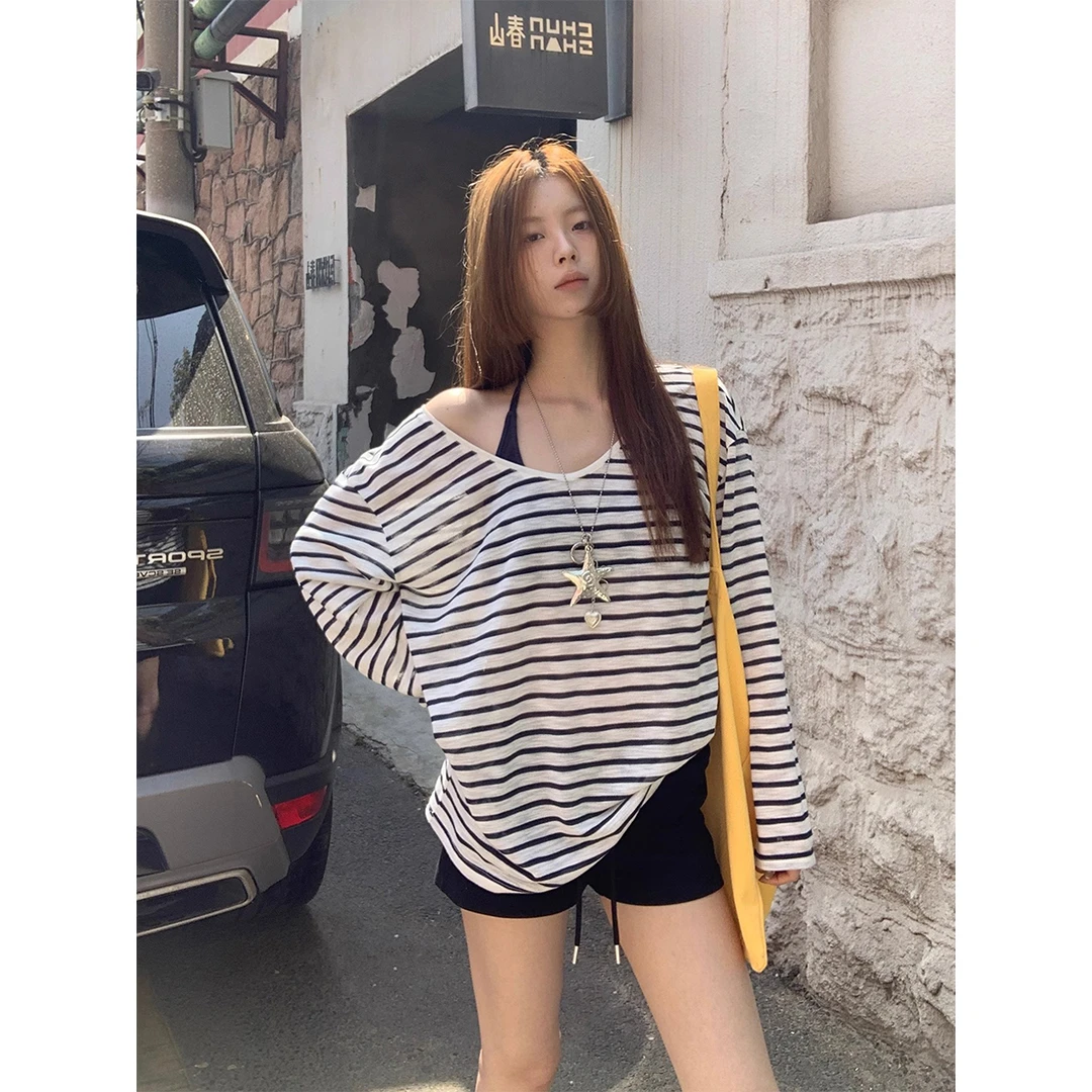 梦晓灵防晒罩衫女2025新款 夏日ootd穿搭长袖T恤宽松条纹斜肩