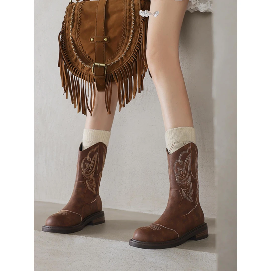 大码41-43圆头粗跟西部牛仔靴女夏刺绣中筒靴欧美廋廋靴骑士靴