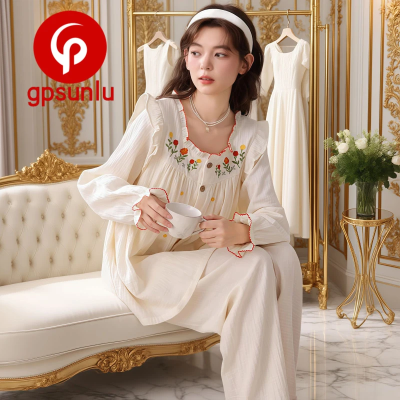 gpsunlu「小清新」棉绸刺绣睡衣女款春秋季新款云感甜美家居服套装