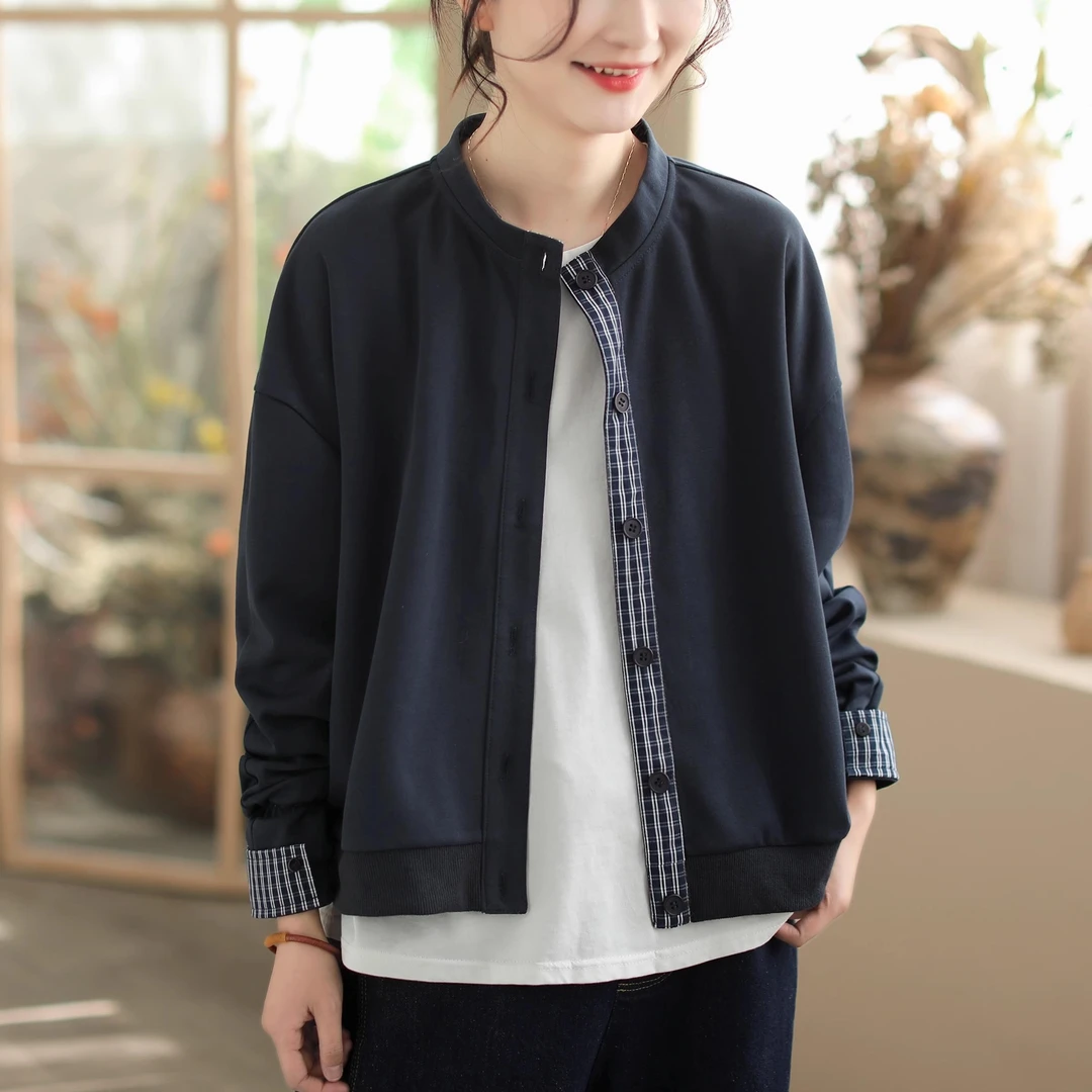 2025春秋季新款女士休闲时尚独特格子拼接外套高级感气质长袖上衣