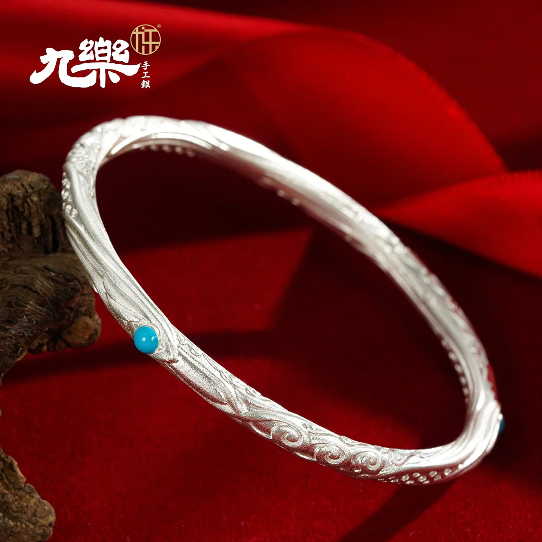 九乐 足银珐琅手镯 999银色混天绫乾坤圈手镯同款纯银手镯送女友