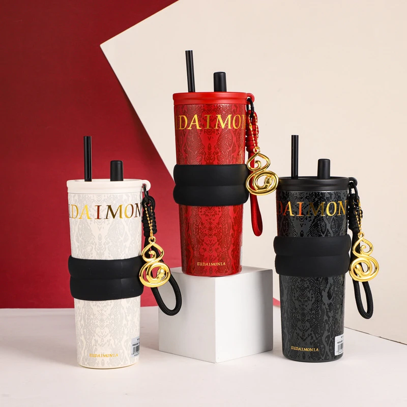 蛇年限定款保温杯陶瓷内胆冰霸杯大容量带吸管咖啡杯礼盒送礼水杯