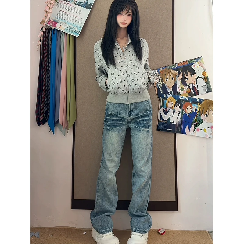 蓝色闪电纹牛仔裤男秋季美式高街微喇裤子cleanfit窄版显瘦直筒裤