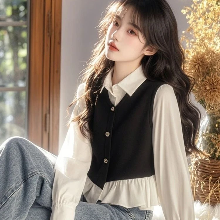 今年流行超好看撞色拼接假两件衬衫女2025春季新款洋气别致衬衣服