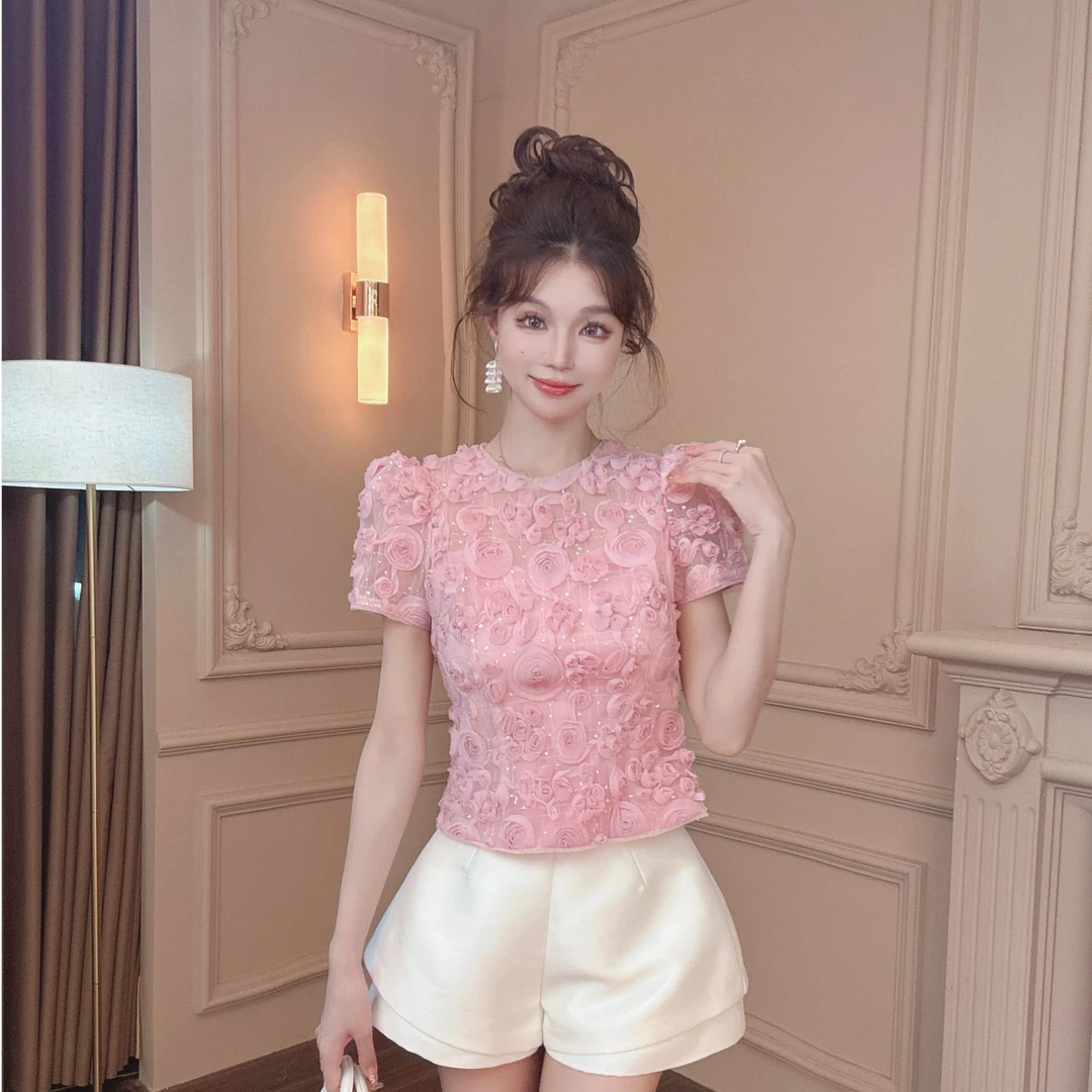 【CC专属】杏色朦胧透提花设计女春夏季新款设计感时尚显瘦-11588