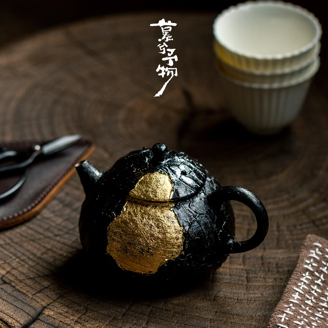 慕兮金饰大漆小梨壶金箔鎏金茶壶家用高端精致复古小茶壶墨色茶具