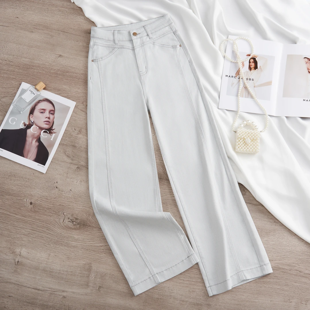 春夏新款白色高腰直筒裤烟缕灰宽松百搭时尚休闲牛仔裤女八分九分