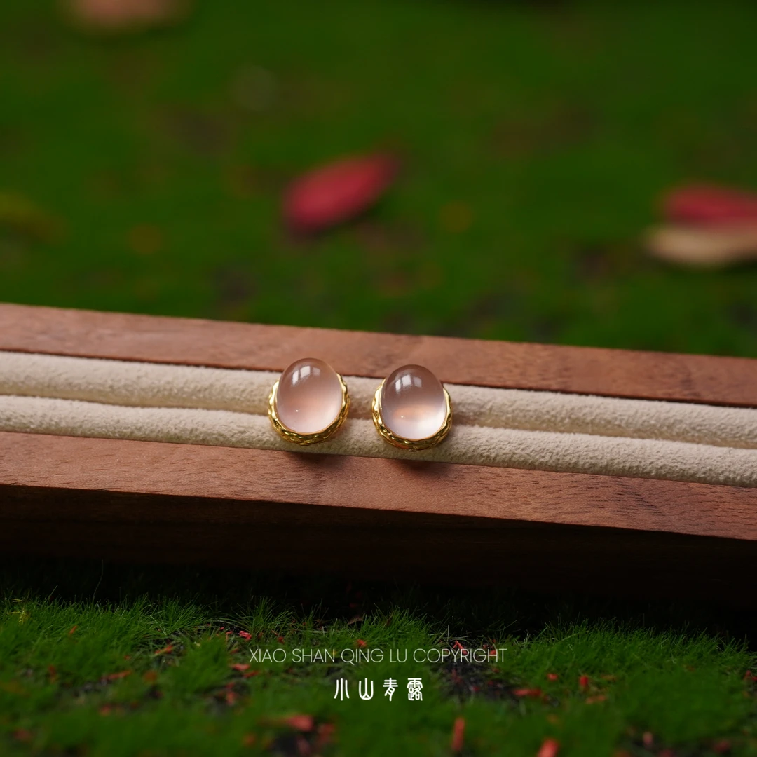 【XSS1615】粉水晶椭圆耳钉 S925银镀金镶嵌