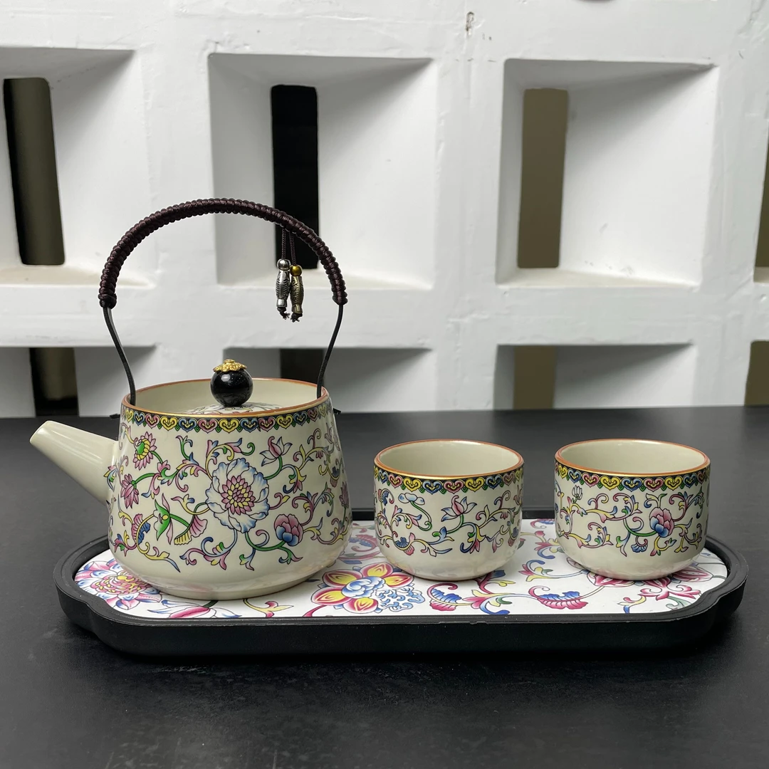 CJ粉色缠枝莲一壶二杯+茶盘2909