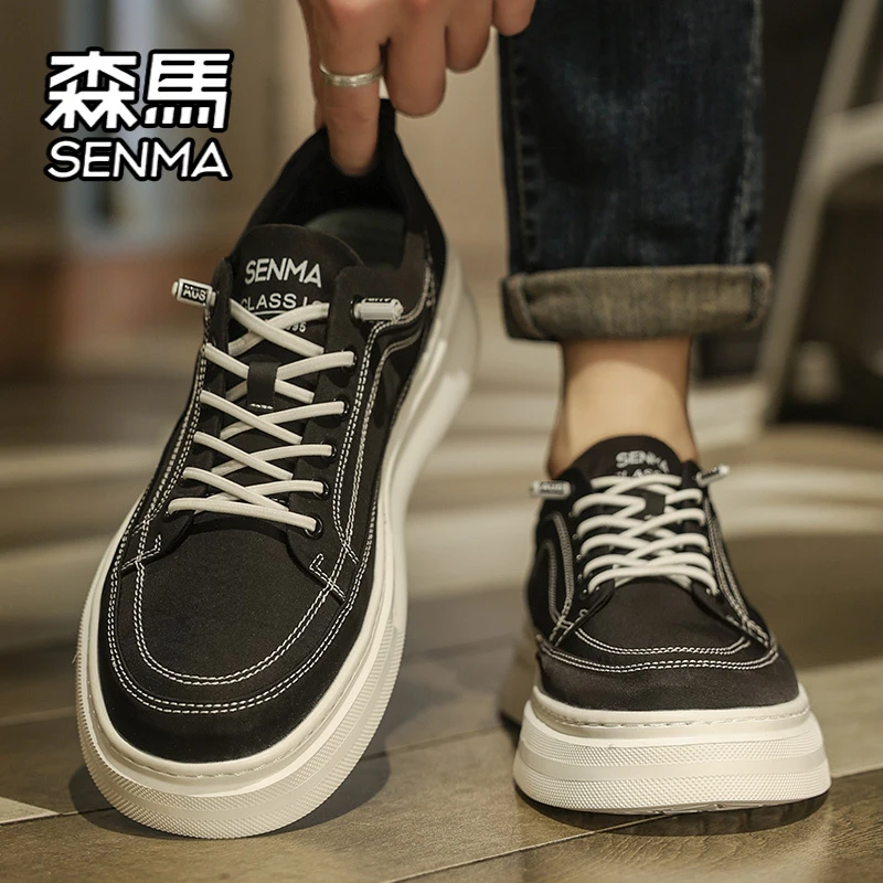 森马男鞋2025新款冬季运动休闲板鞋男士上班工作一脚蹬黑色帆布鞋