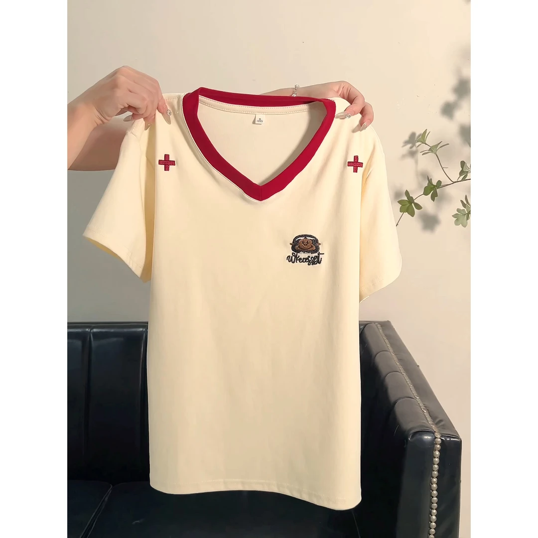 正肩v领刺绣短袖t恤女夏季新款时尚潮流设计感装百搭ins风上衣