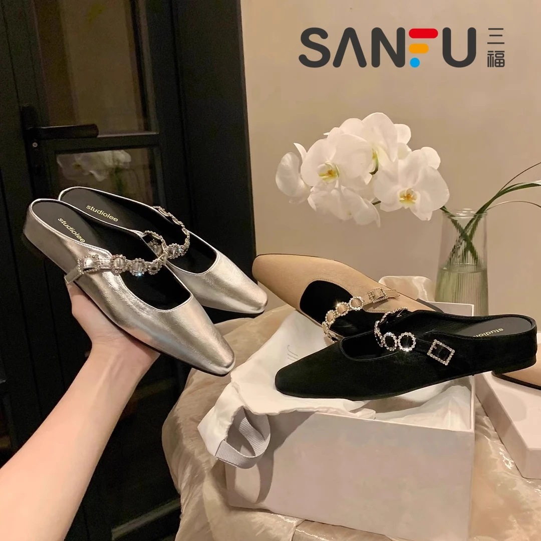 三福4cm内增高法式方头一字带浅口穆勒半拖鞋女外穿2025春夏新款