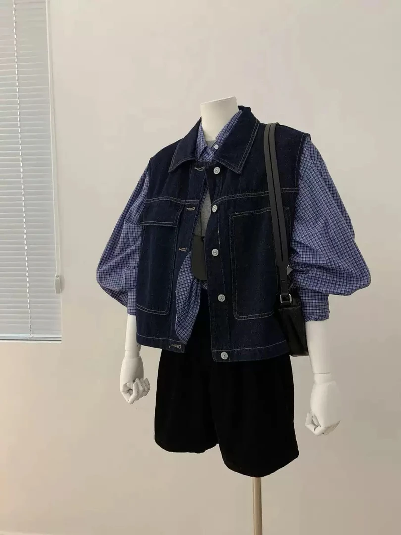 牛仔马甲➕格纹衬衫