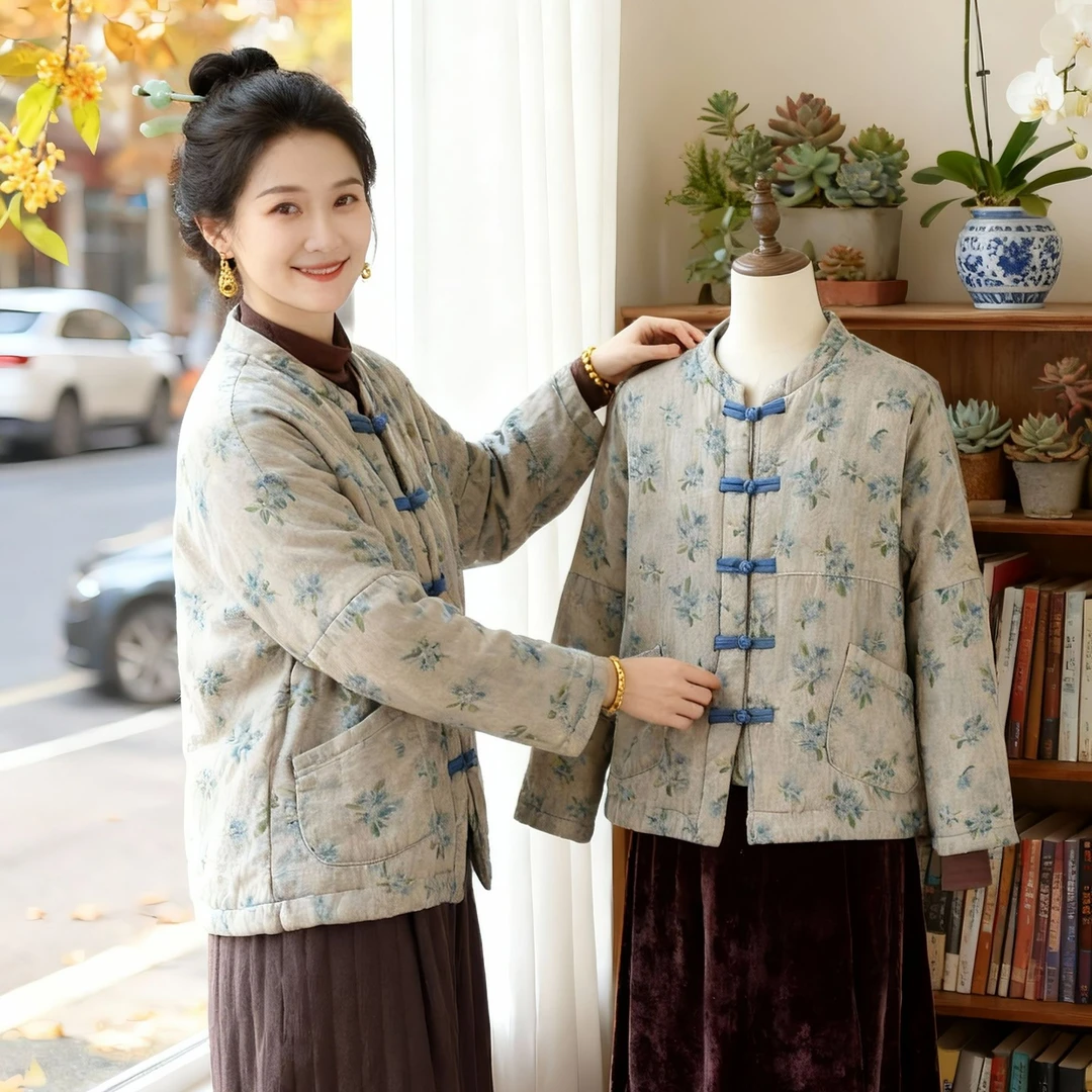 2025秋冬款对襟盘扣加厚保暖夹棉衣新中式复古印花长袖棉麻棉服女