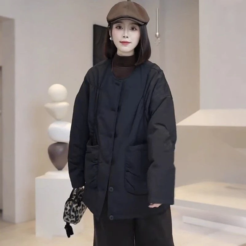 设计感休闲洋气圆领中长款夹棉棉衣外套女秋冬宽松百搭棉服女冬季
