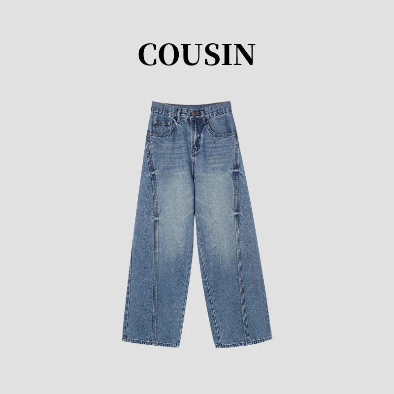 D.cousin  春季纯色阔腿复古高腰宽松显瘦百搭牛仔裤 1966