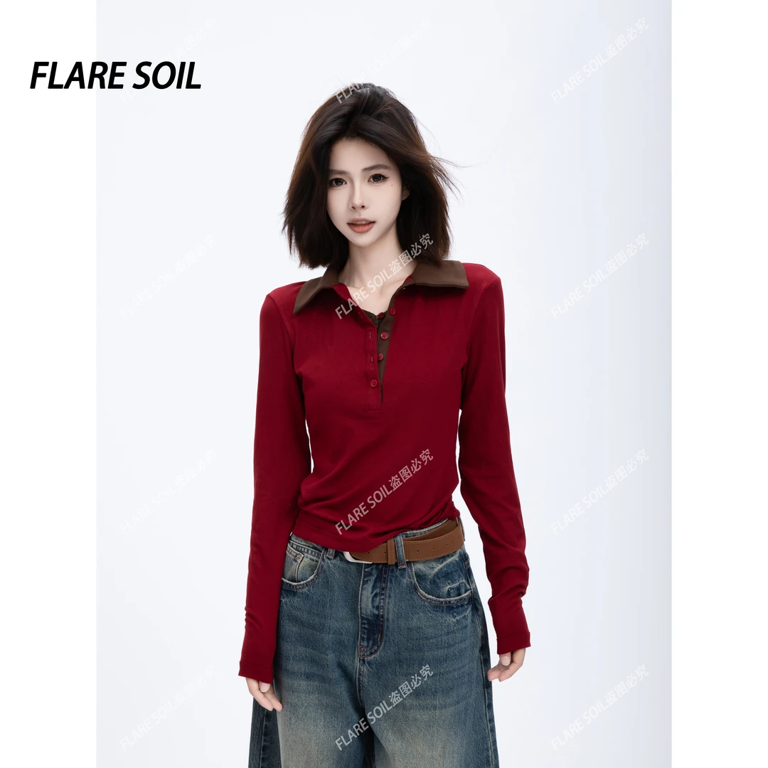 【FLARE SOIL】（现货）亨利领翻领拼接撞色上衣修身韩系T恤 T4663A