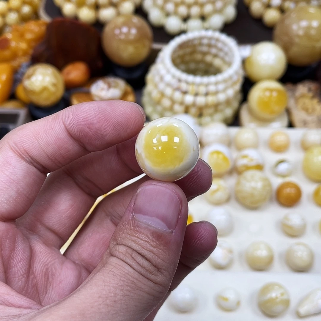 蜜蜡未镶嵌珠宝奇石19.5mm【双溶洞妖花金瓷白】圆珠