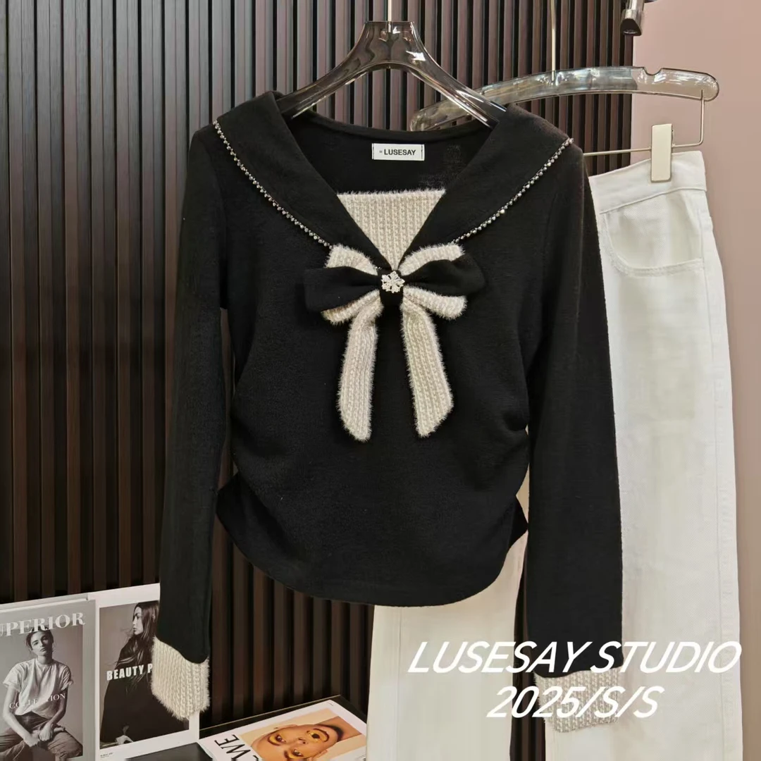 LUSESAY 蝴蝶结纽扣拼接设计 2025秋冬新款长袖t恤女掐腰显瘦上衣