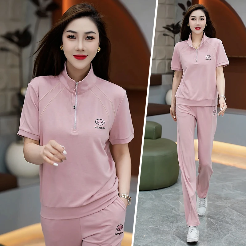 气质立领半拉链休闲夏款女装POLO衫两件套舒适直筒裤显瘦百搭套装