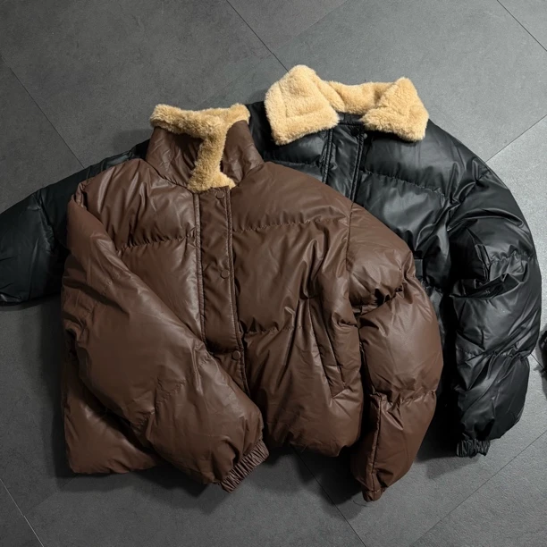 美式牛仔风撞色毛领水洗pu面包女棉服8597
