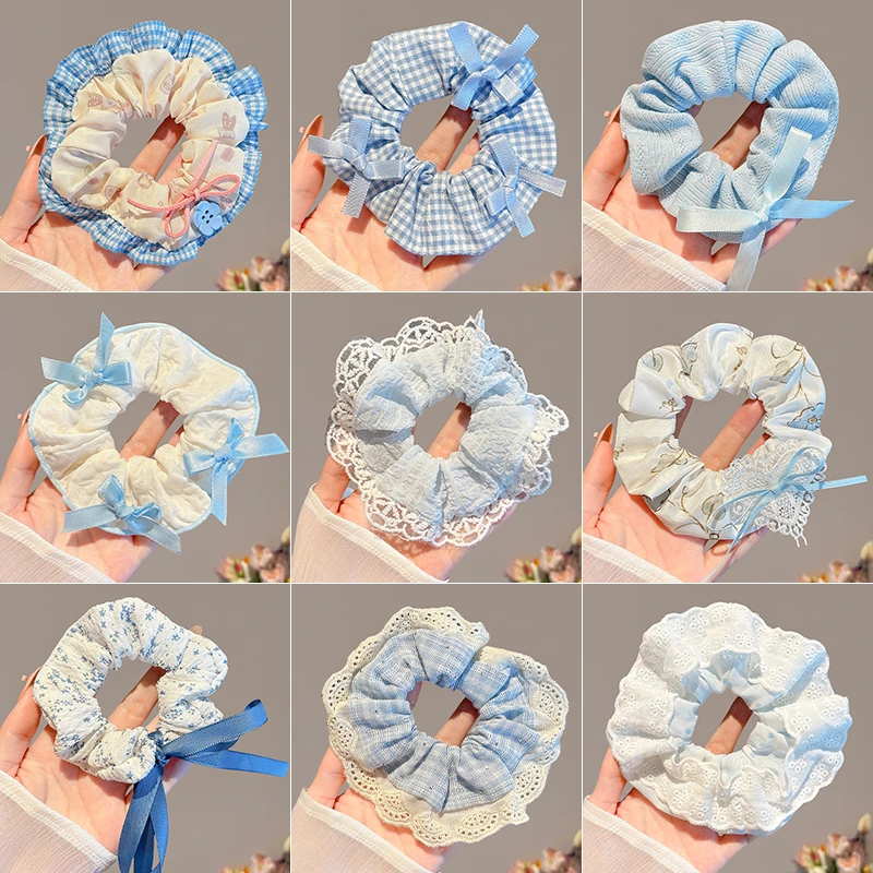 蕾丝蝴蝶结大肠发圈女可爱海盐蓝头绳高弹力耐用扎发皮筋发绳皮套