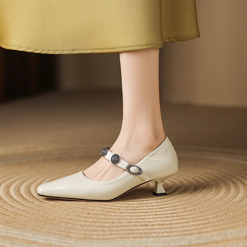 春夏淑女风一字带粗跟单鞋浅口设计百搭修脚型LF014米白色