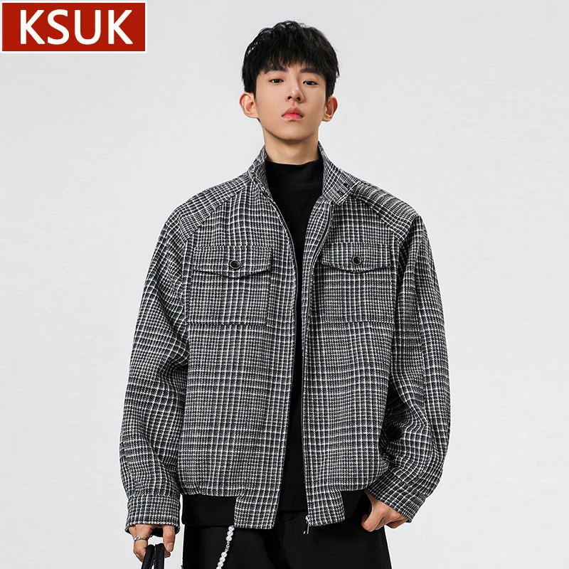 KSUK千鸟格夹克男春秋季新款潮牌老钱风高街短款立领大码休闲外套