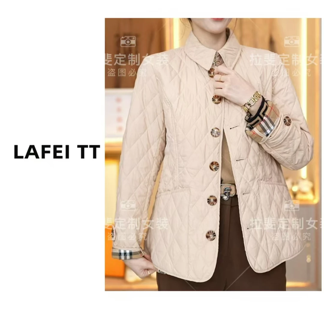 新款英伦风女单排扣修身菱格显瘦棉衣