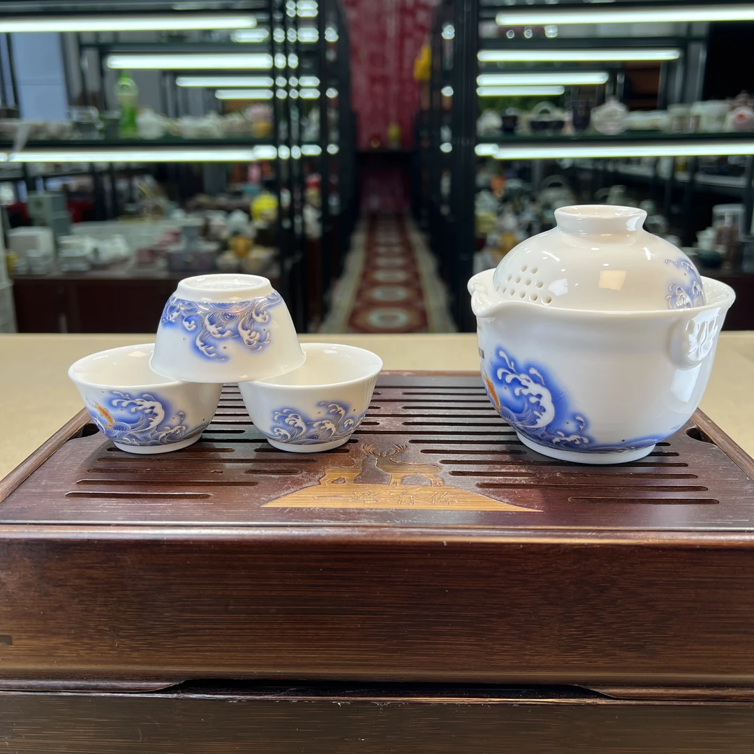 德化云仓 羊脂玉瓷鱼跃龙门旅行茶具-4635