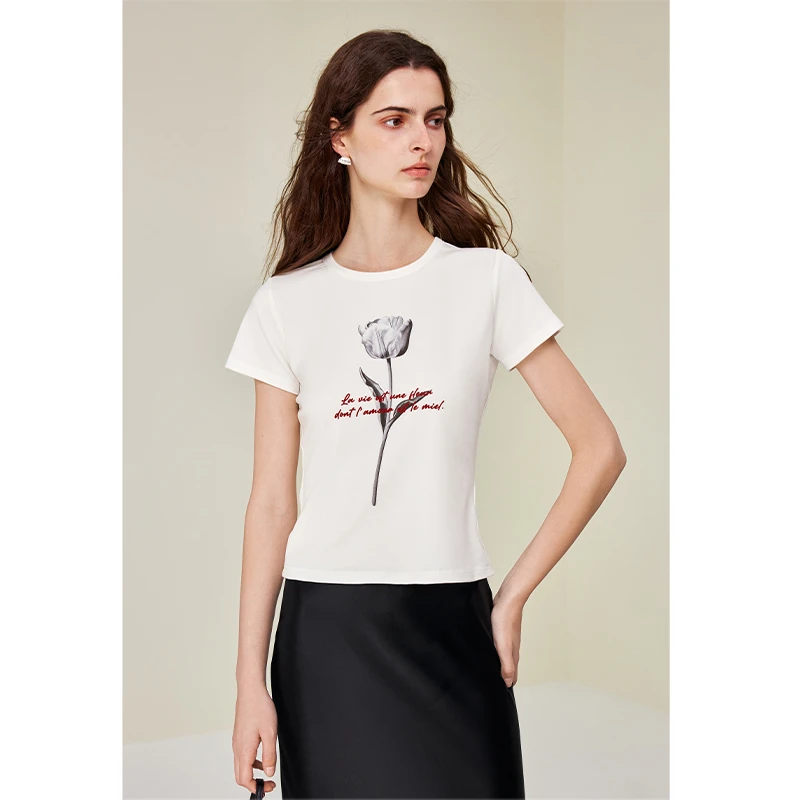 【楠哥专属】AEL原创郁金香印花白色短袖T恤女通勤圆领百搭AS5BT393
